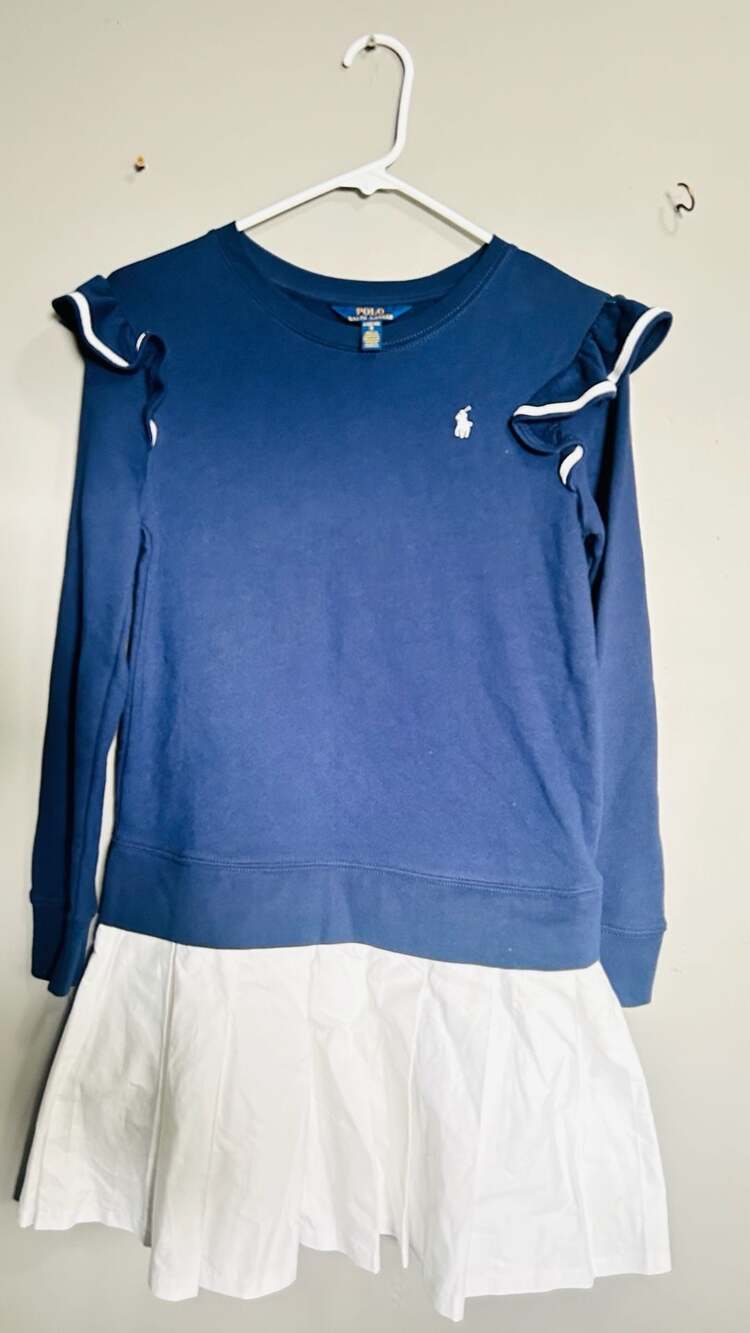 Polo Ralph Lauren Long Sleeve Crewneck Dress With Gathered Skirt - Navy/ White.